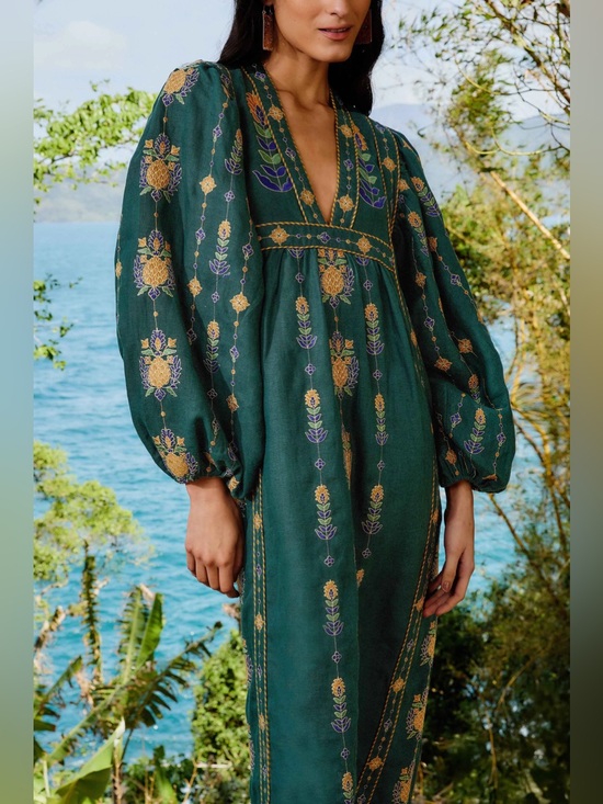 FARM Rio Dresses & Skirts - Farm Rio Euroflax Linen Embroidered Tunic Maxi Dress Resort NWT